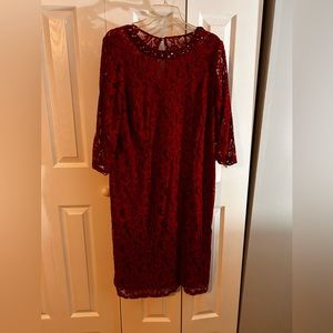London Times Dark Red Women's 16W Plus Size 3/4 Sleeve Midi Lace Sheath Dress,